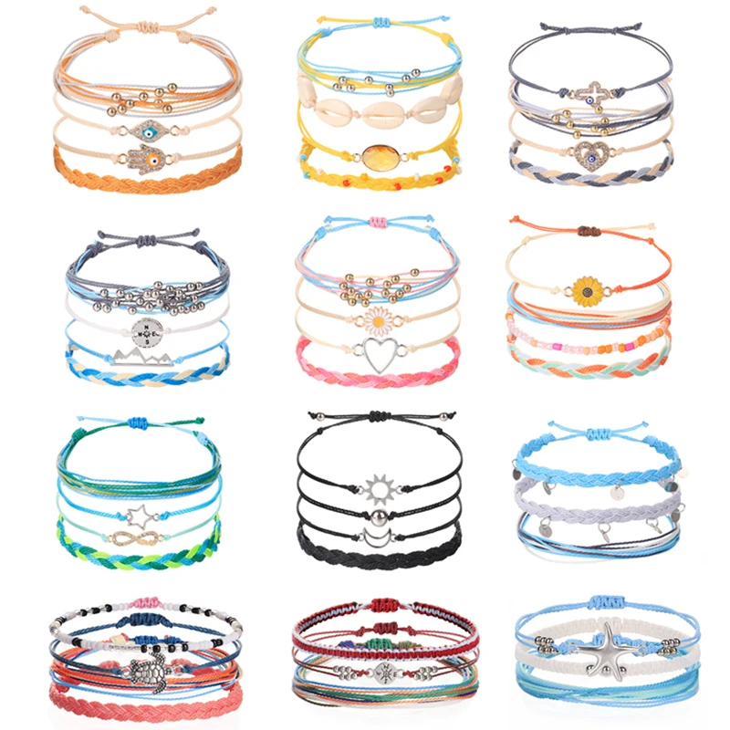 4Pcs/Set Handmade Colorful Wax Line Bracelet Set Charm Eye Turtle Infinity Waves Beads Braided Rope Bracelets Women Boho Jewelry