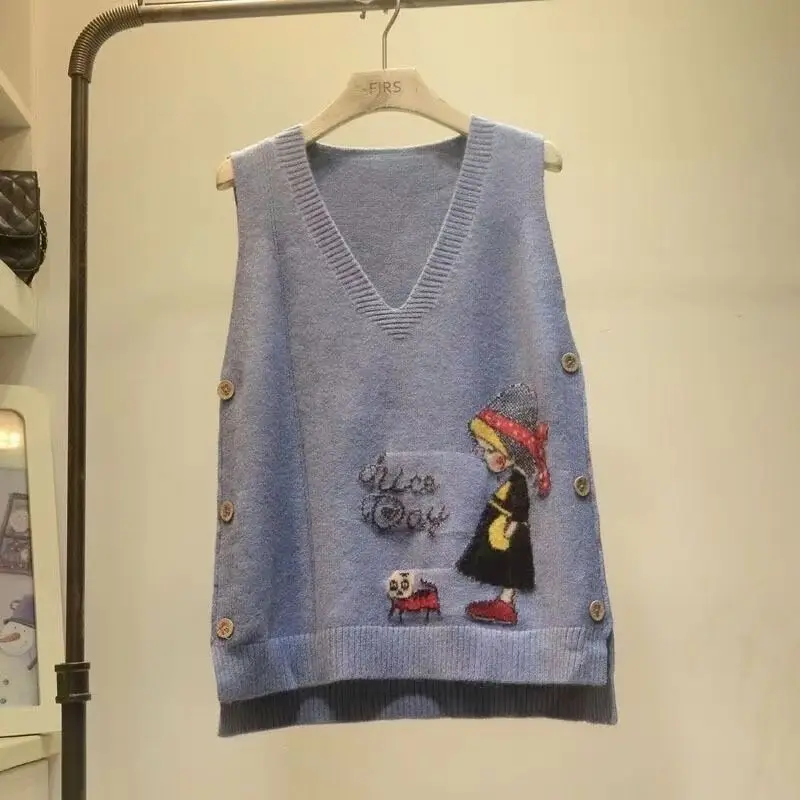 2024 Spring and Autumn New Age Reducing Cartoon Knitted Vest Women's Academy Style Knitted Sweater Vest