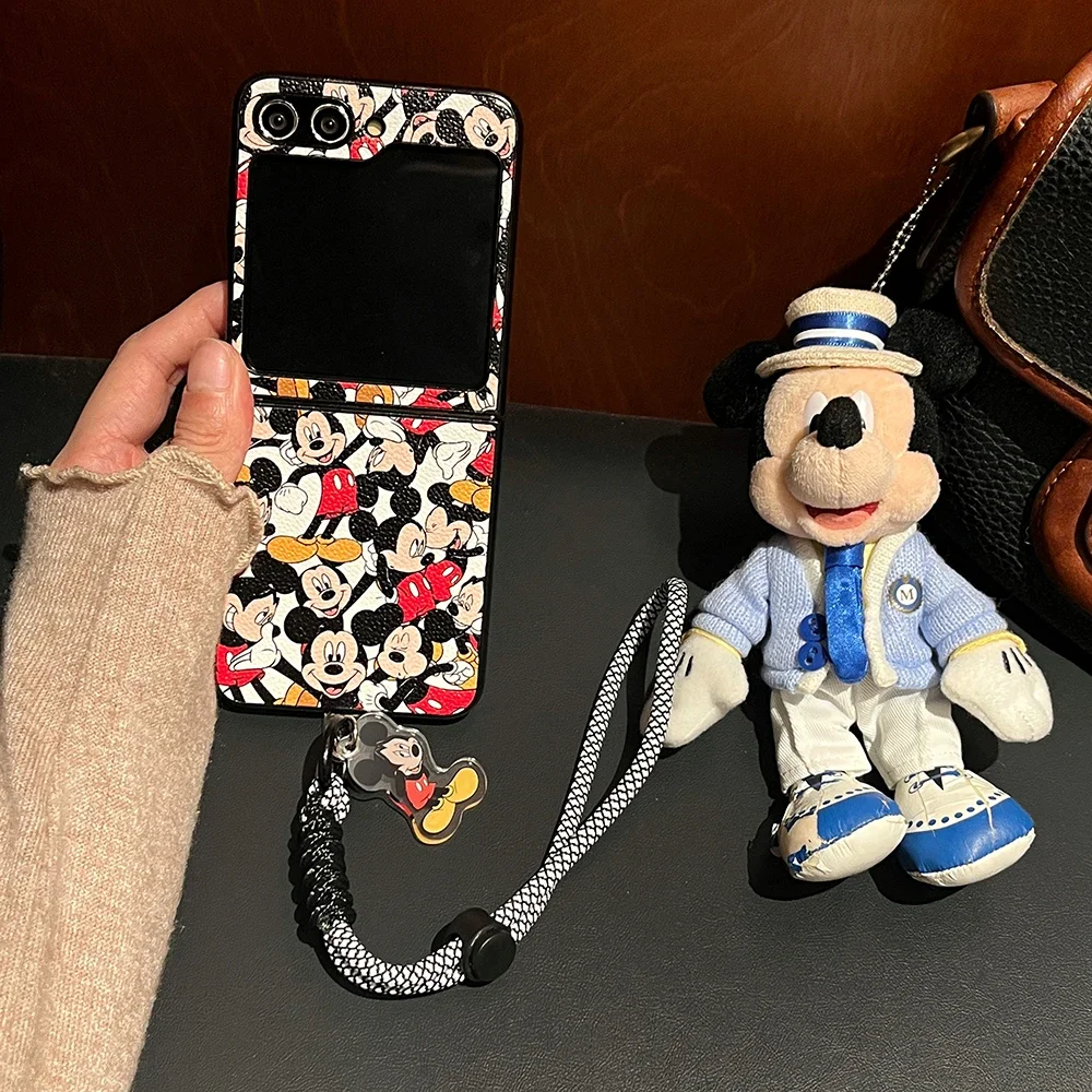 

Disney Mickey with Lanyard Phone Case for Samsung Galaxy Z Flip 3 4 5 5G PC Hard Anti-drop Back Cover Funda Gift