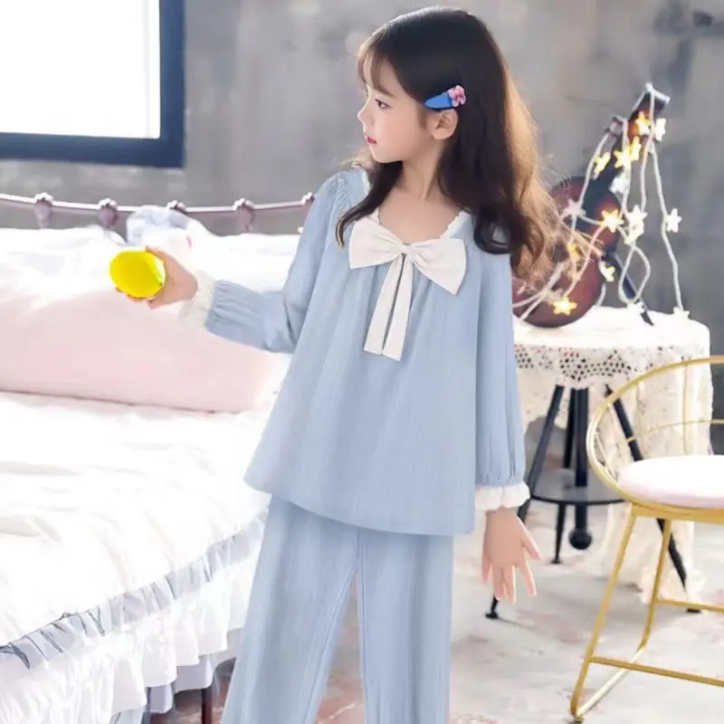 여자 잠옷 봄 가을 얇은 면사 투피스 소녀 공주 스타일 긴팔 양복 어린이 에어컨 의류