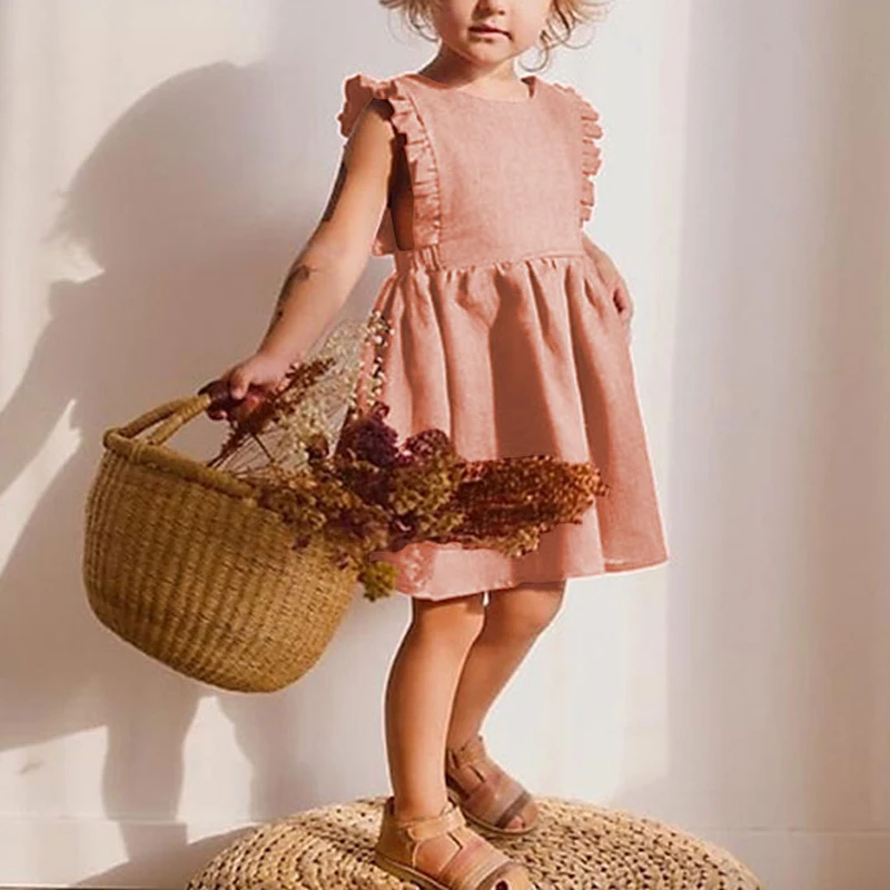 Summer Girl Dress Fly Sleeve Solid Ruffles Sleeveless Sundress