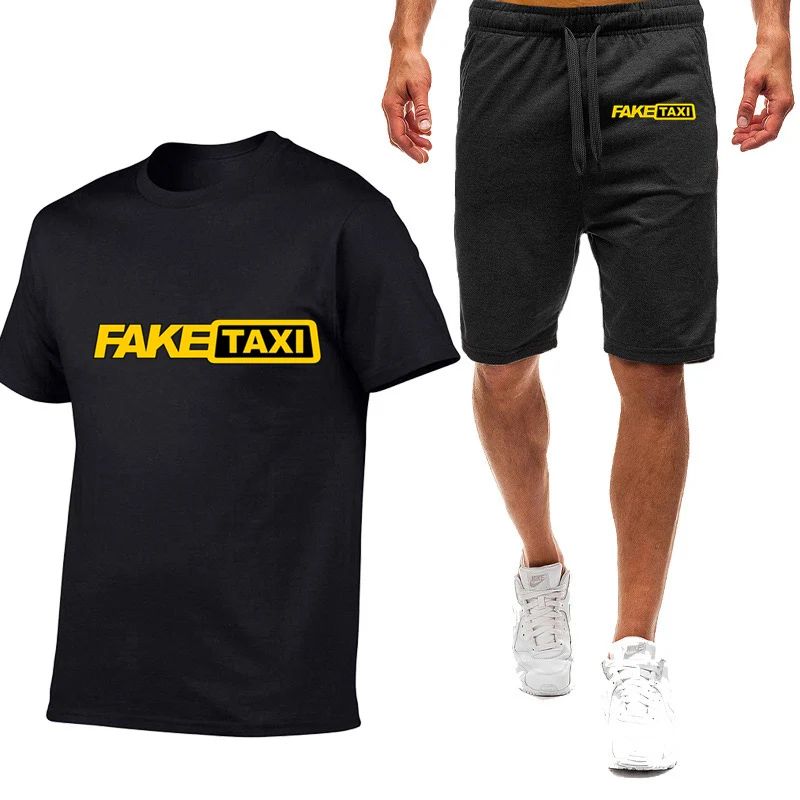 Fake taxi printing fashion 2023 new men's summer nine-color pure short-sleeved comfortable casual T-shirt sweatpants 2-piece set 2022 new summer math formula 3d printing casual sportswear men s short sleeved t shirt sports shorts 2 piece set