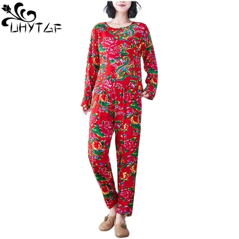 UHYTGF Middle-Aged Womens Spring Summer Suits Pajamas Printed Cotton Silk Home Clothes Female Thin Sleepwear 4XL Loose Size 2374