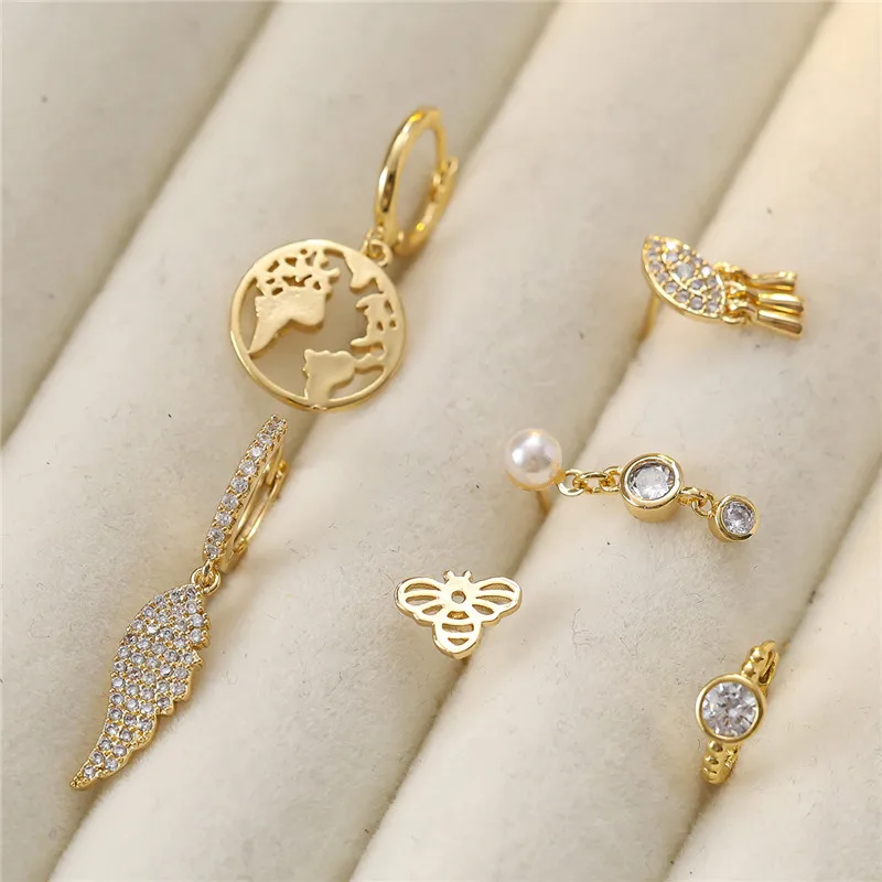 Cute 6pcs Female Bee Animal Angel Wing Hoop Earrings Set Female Gold Color Wedding Jewelry Gift