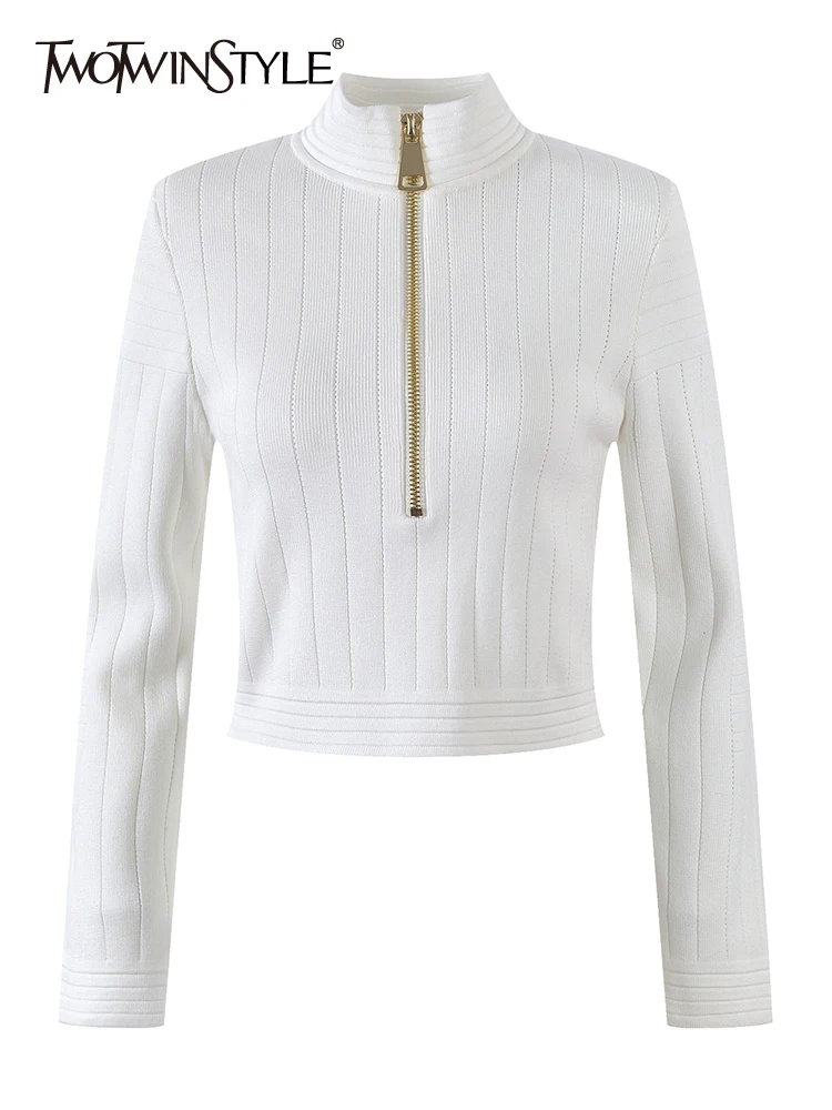 

TWOTWINSTYLE Skinny Solid Minimalist Knitting T Shirt For Women Stand Collar Long Sleeve Patchwork Zipper T Shirts Female 2022