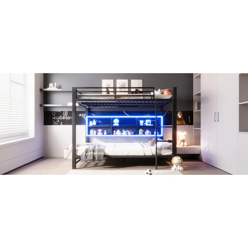 140 x 200 cm großes modernes Etagenbett mit 6 Aufbewahrungsschränken und LED-Lichtern, Babybett aus Metall mit Geländer, geeignet für Kinderzimmer – Detail 7