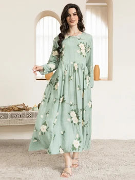 Casual Round Neck Floral Print Wrinkle Spliced Long Dress Mint Green, Women's Stylish Regular Sleeve Spring Fashion 5