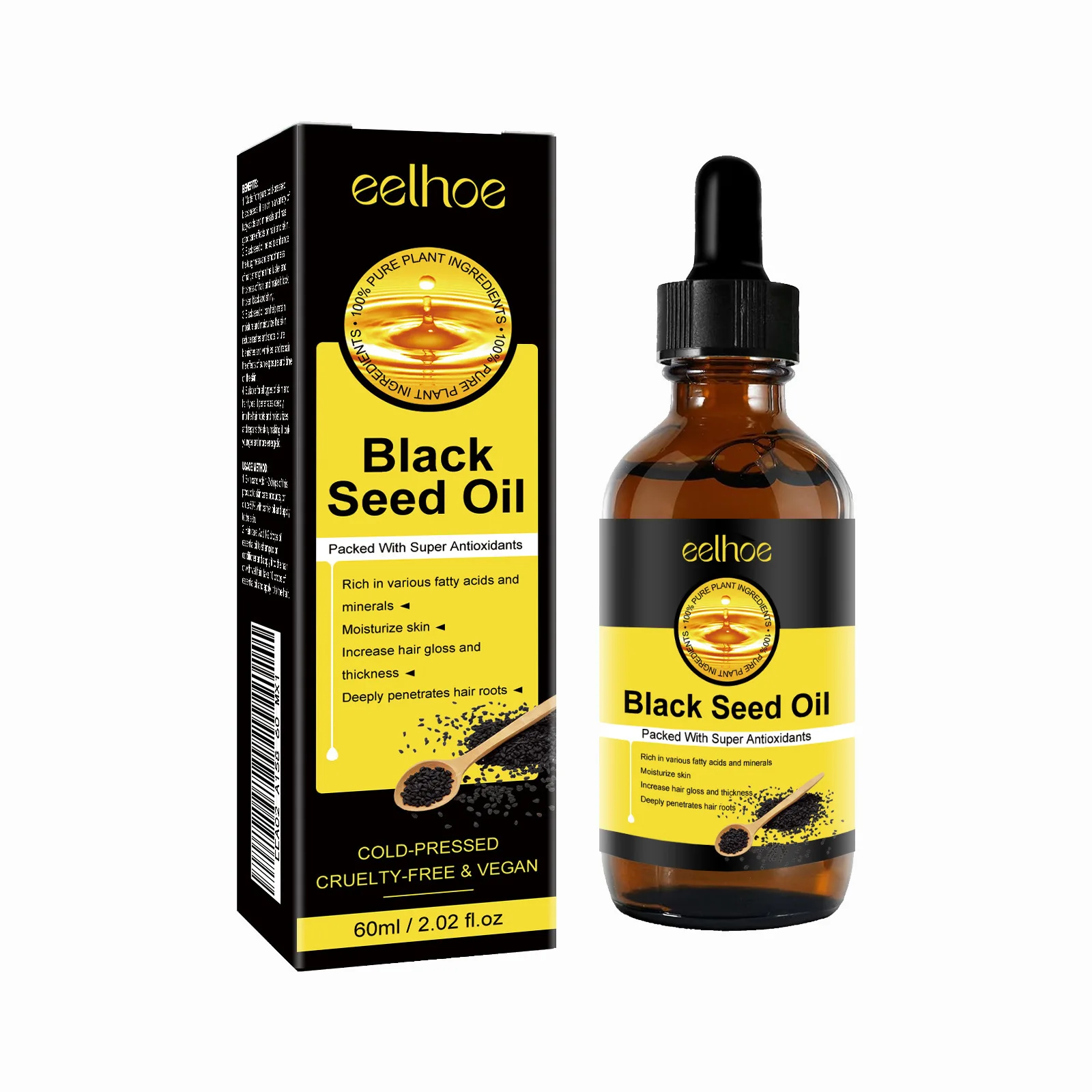 EELHOE Black Seed Oil Natural Organic Scalp Care Baldness Treatment for Damaged Hair Growth Products Dense Anti Hair Loss Oil