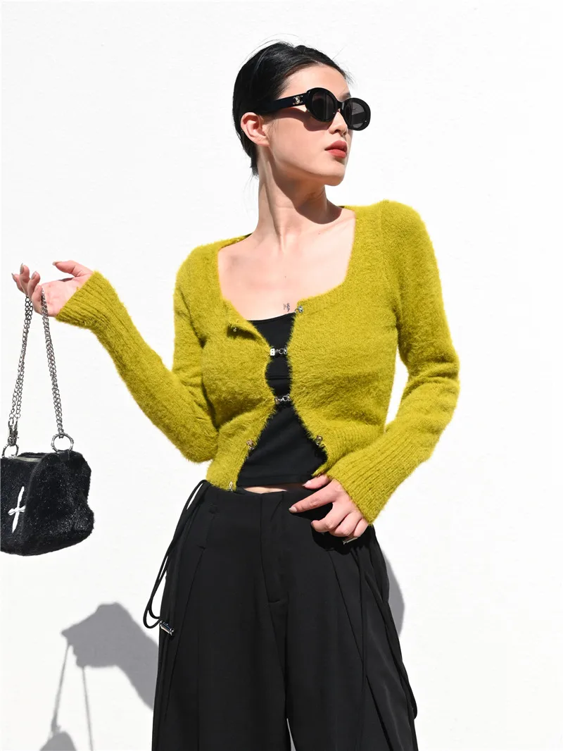 Women Cropped Fluffy Knit Cardigan Top With Square Neck And Hook Eye Front Detail