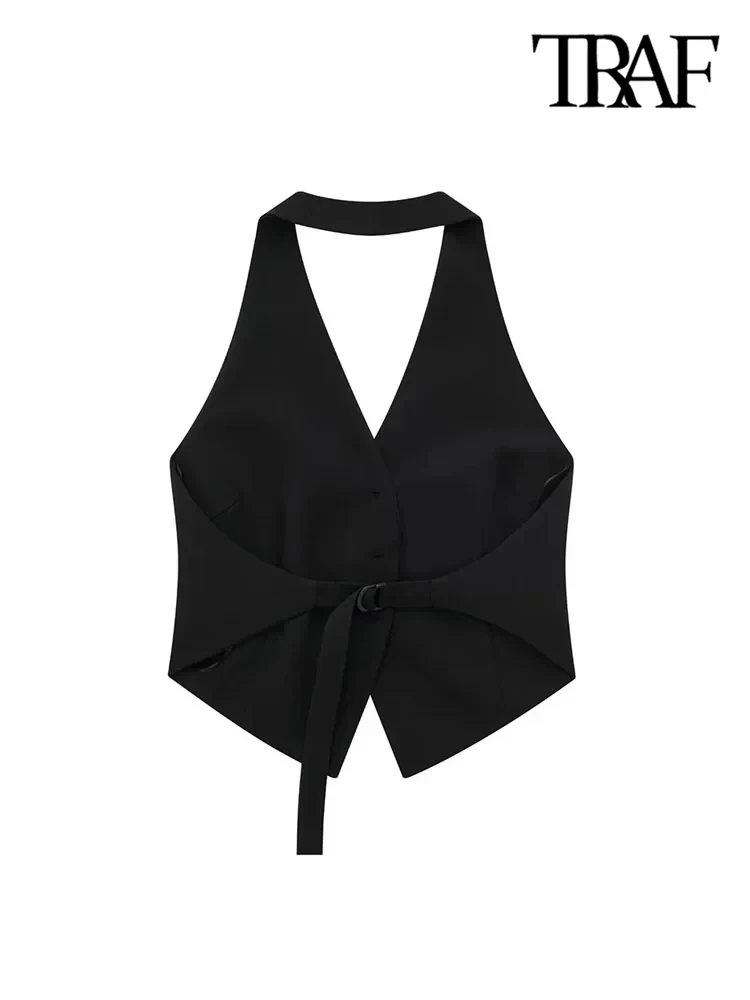 TRAF Women Fashion Backless Halter Neck Waistcoat Sexy Sleeveless Button-up Female Outerwear Chic Vest Tops 3