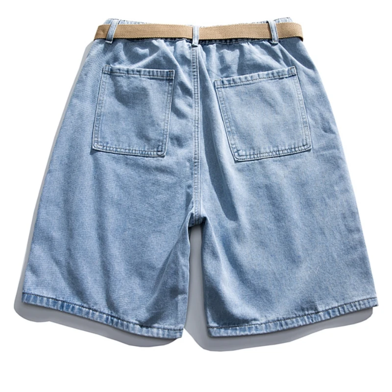 CUMUKKIYP Vintage Denim Shorts with Wide-leg Design and Belt for Men