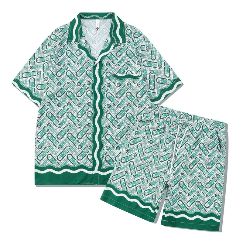 

Mens Fashion Digital Print Abstract Shirt Suit Summer Vintage Beach Casual Shorts Short-sleeved Shirt 2 piece Set Tracksuit Men