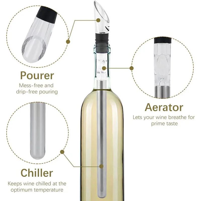 Stainless Steel Ice Wine Stick Wine Bottle Chiller Stick with Pourer & Aerator 3 in 1 Cooler Stick Set