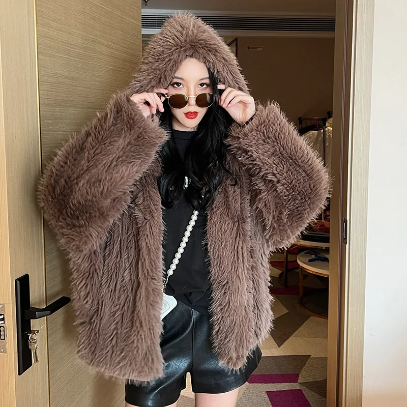 

2023 Winter Fashion New Hooded Long-Sleeved Elegant Noble Noble Temperament Warm Imitation Fur Coat Women Trend H216