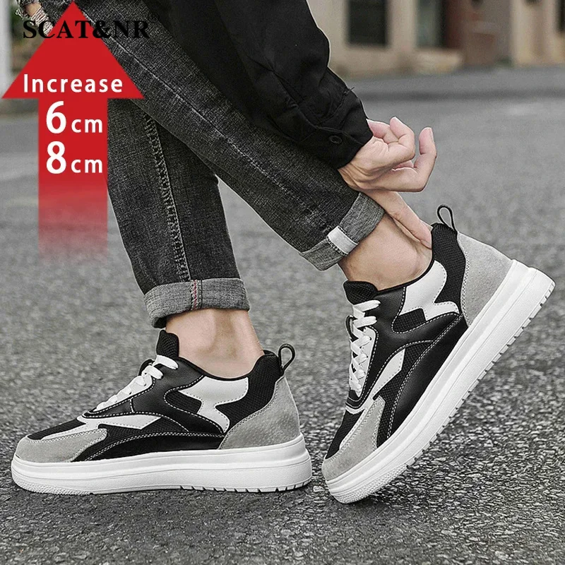 New Men Trendy Leather Sneakers Elevator Shoes Invisible Breathable Heightening Shoes 8cm Men'S Casual Light Sneakers Designer
