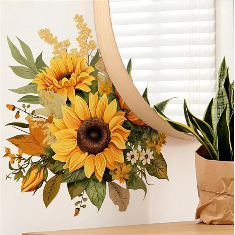 1PCS Colored Yellow Sunflowers Wall Stickers For Bedrooms Living Rooms Cabinets Mirrors Decorations Wholesale Self-Adhesive