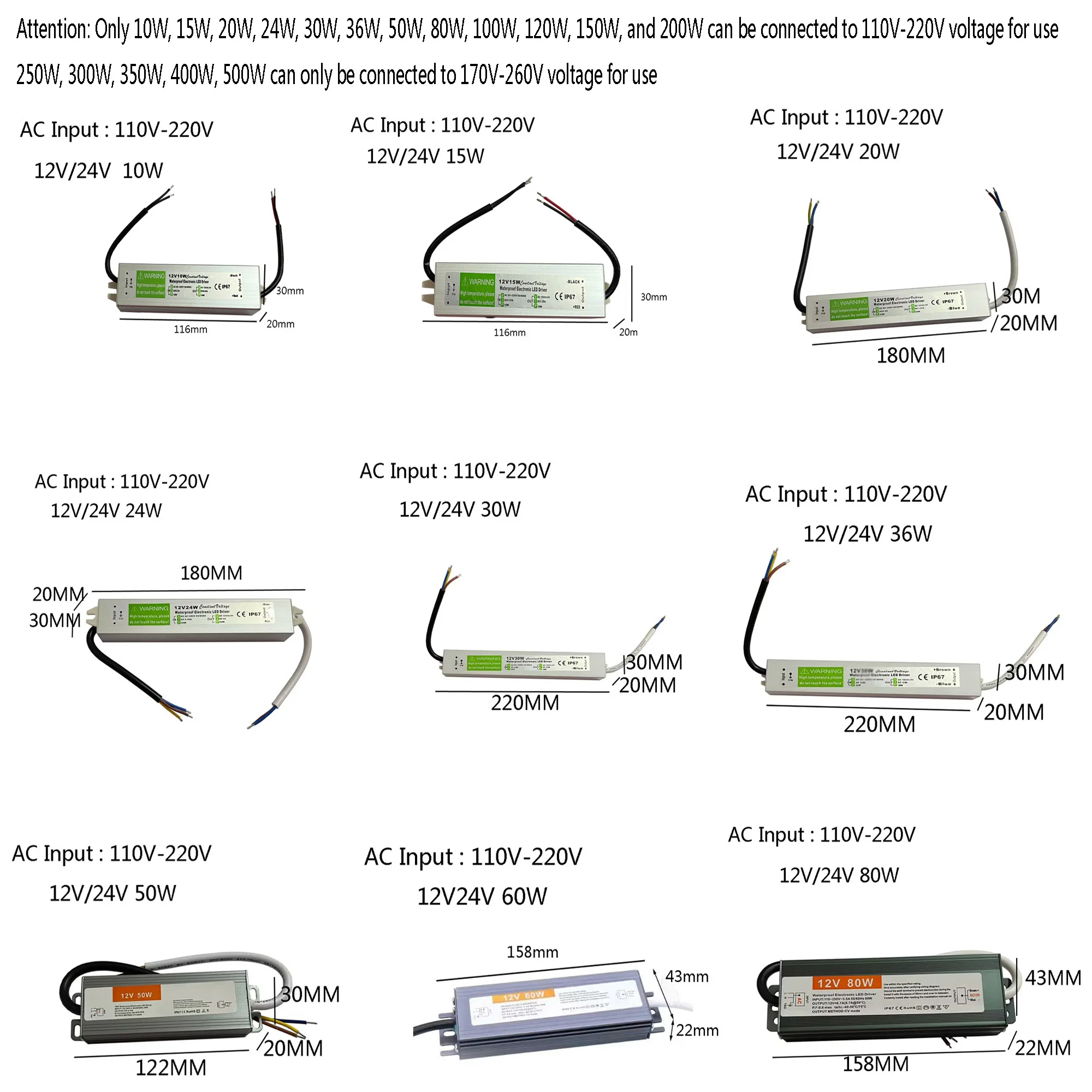 Transformadores de iluminación impermeables, adaptador de corriente de Controlador LED de 36W, 110 W, 220 W, 150W, fuente de alimentación IP67, CA 200 V-500 V a cc 12V, 24V