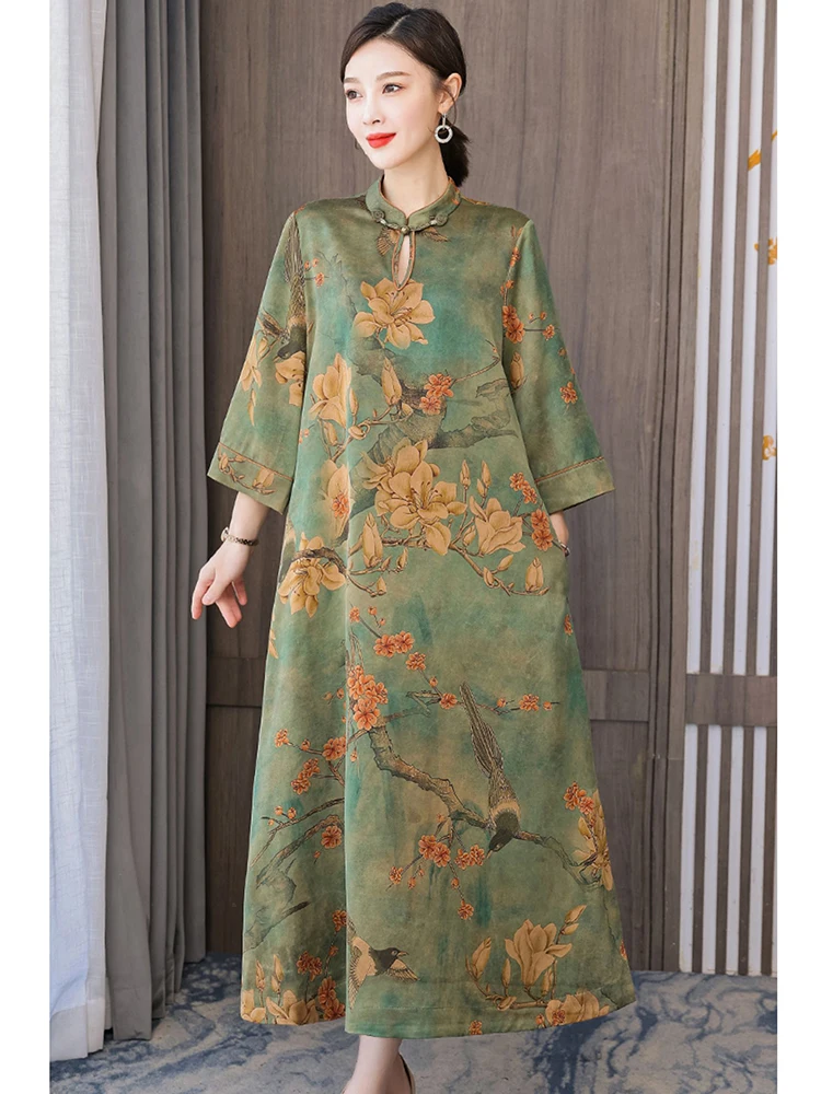 

Women Green Silk Long Sleeve Stand Collar Maxi Dress 2023 Korean Vintage Elegant Luxury Dress Autumn Winter Elegant Loose Dress