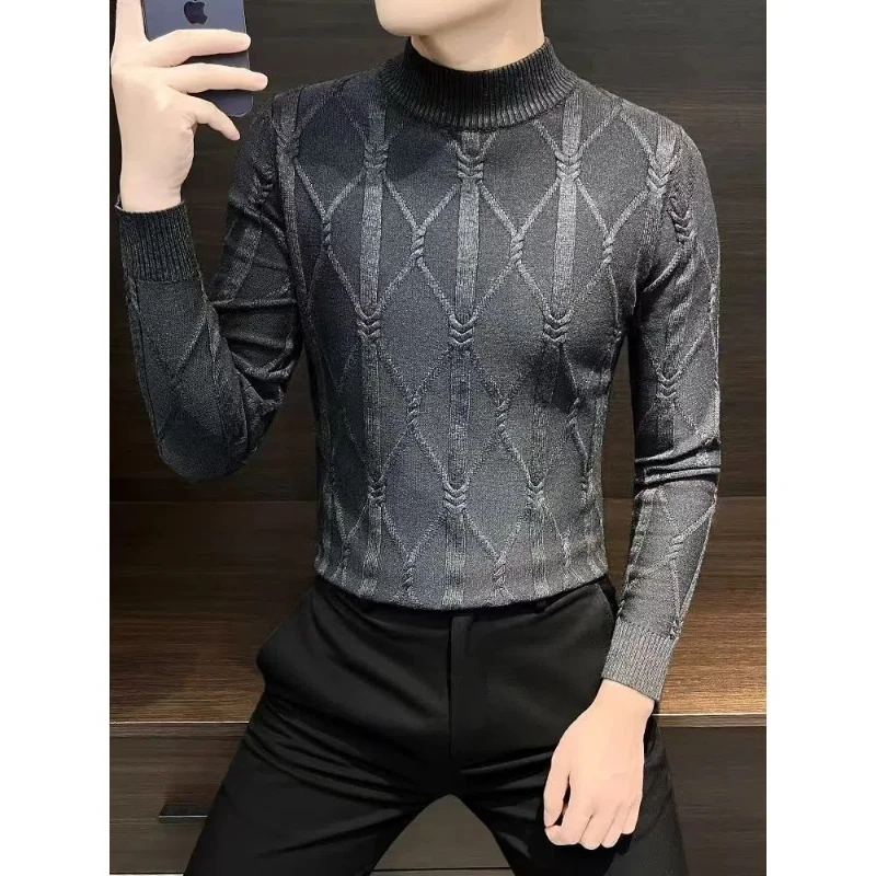 England Style Spring Autumn Solid Color Long Sleeve Sweater Knitted Men's Clothing Half High Collar Screw Thread Pullover Tops 4