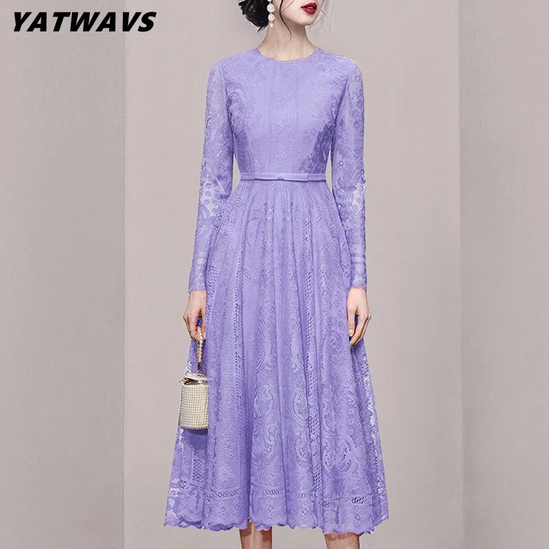 

New Elegant Women Spring Long Sleeve Midi Dress Temperament Fashion Hollow Out Big Swing Ladies Casual Lace Party Vestidos