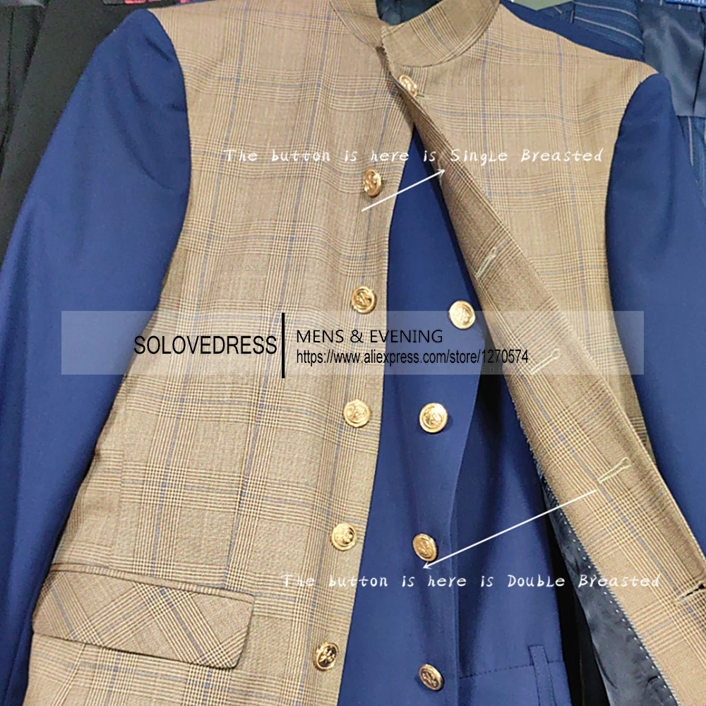 2 Pieces Splicing Plaid Can Be Two Types of Buttons Slim Fit Business Men's Suits With 2 Pockets（Blazer+Pants ）