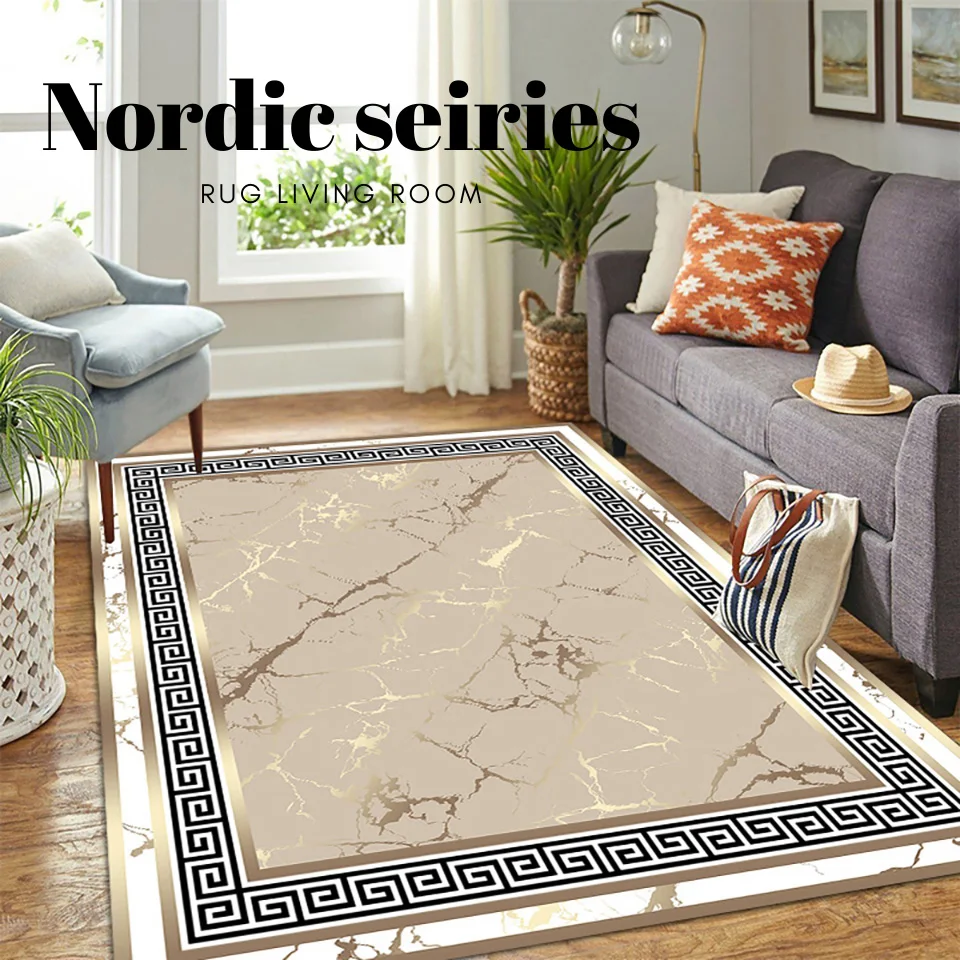 

Abstract Golden Marble Nordic Style Carpet For Living Room Black Geometric Frame Anti Skid Rug Large Washable Floor Covering Mat