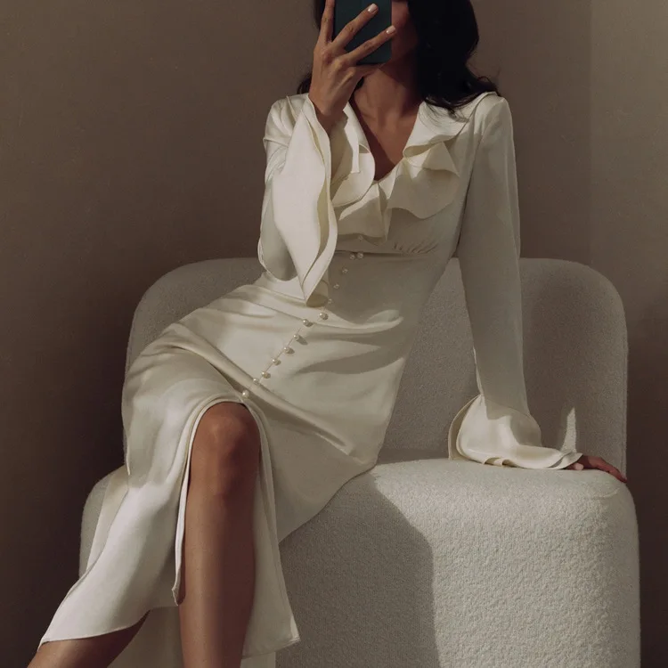 Ruffled Elegant For Women Long Dress Fashion V-Neck Patchwork Long Sleeve Slim Party Dress Gown White Spring Maxi Dress