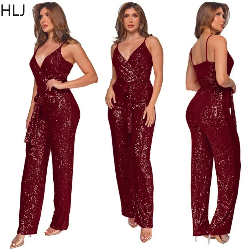 HLJ Fashion V Neck Sequin Lace Up Party Club Jumpsuits Women Sleeveless Backless Bandage Straight Pants Playsuits Spring Overall