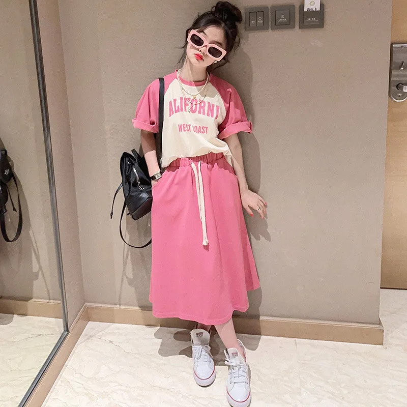 

Summer Girls Suits Skirt 2-piece Sets Teenage Children Casual Letter Print Short-sleeved T-shirt + Long Half Skirt Set Outfits