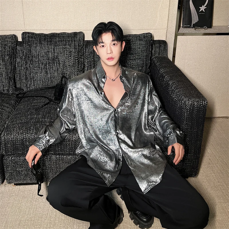 NOYMEI Long Sleeve Silver Fashionable Men Shirt Lapel Single Breasted Loose Reflect Light Nightclub Korean Style Male Top WA2575