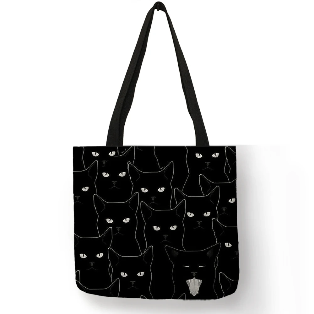 Fabric Foldable Shopping Bags For Groceries Cute Black Cat Print Tote Bag for Women Personality School Traveling Shoulder Bags 