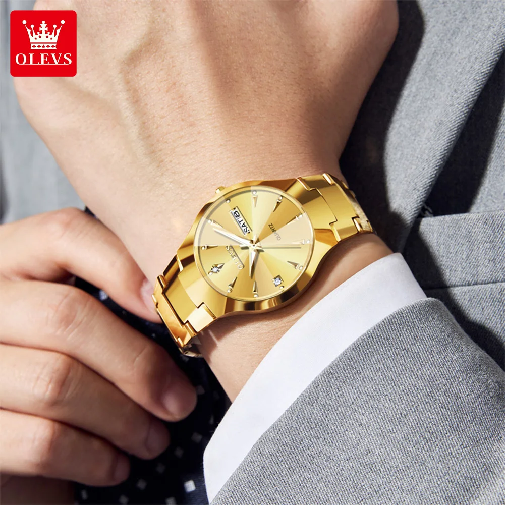 OLEVS 8697 Man Watch Classic Business Quartz Watch For Men Tungsten Steel Strap Dual Calendar Luxury Wristwatch Rhombus Mirror