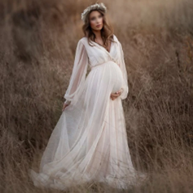 Women's Plus Size Boho Maxi Tulle Wedding Dress A Line Deep V Neck Flowy  Long Sleeve