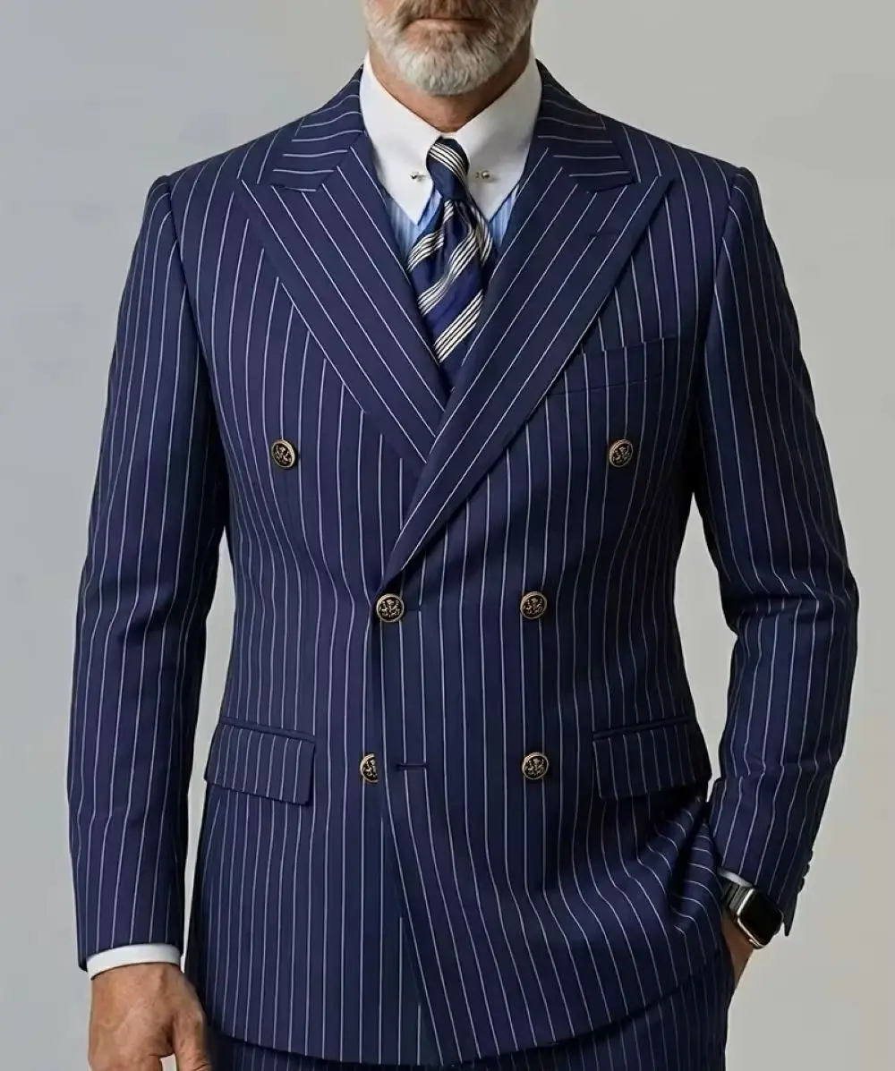 Blazer croisé rayé bleu marine pour homme