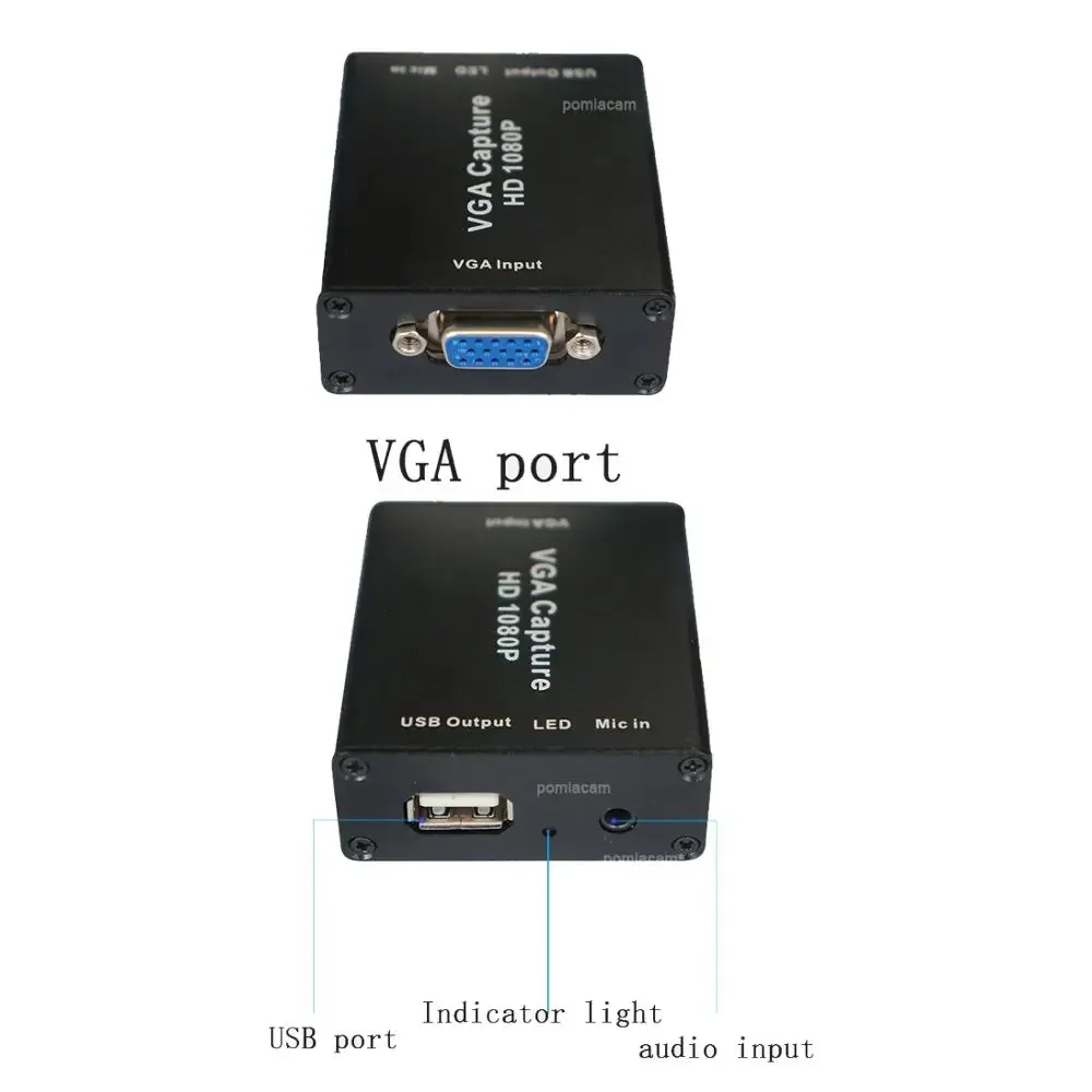 Adaptadores VGA para USB 1080P com placa de captura de vídeo para projetor, reunião, gravação de vídeo, suporte OBS, potplayer