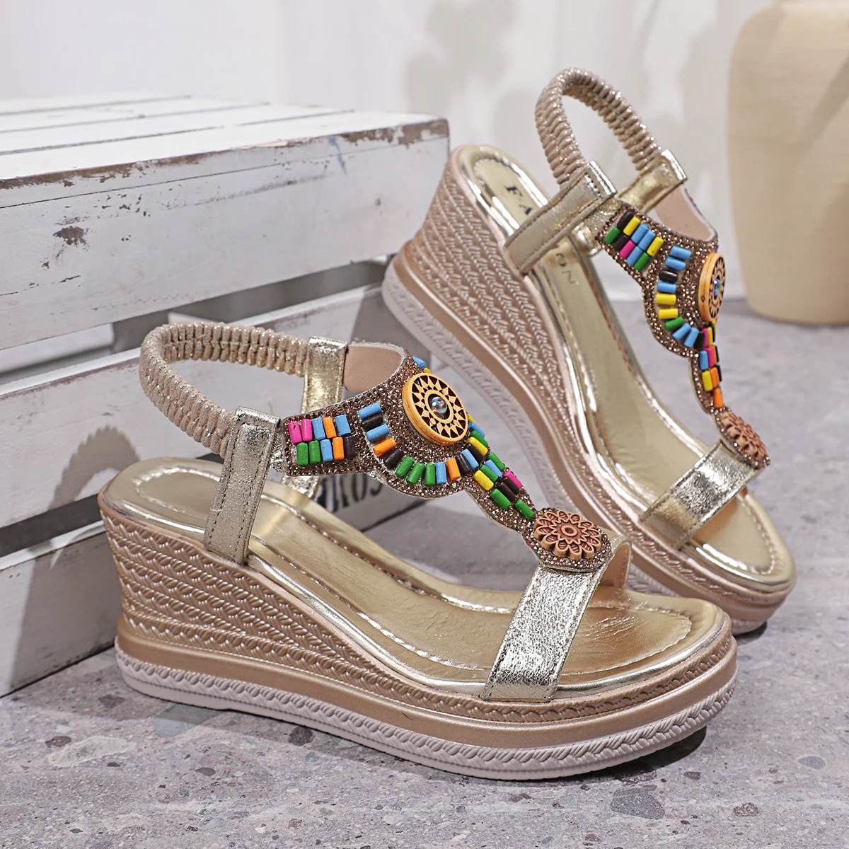 Bohemian Style Thick Bottom Wedges Sandals Women 2025 Summer Retro Chunky Platform Sandals Woman Plus Size 43 Beach Shoes Mujer