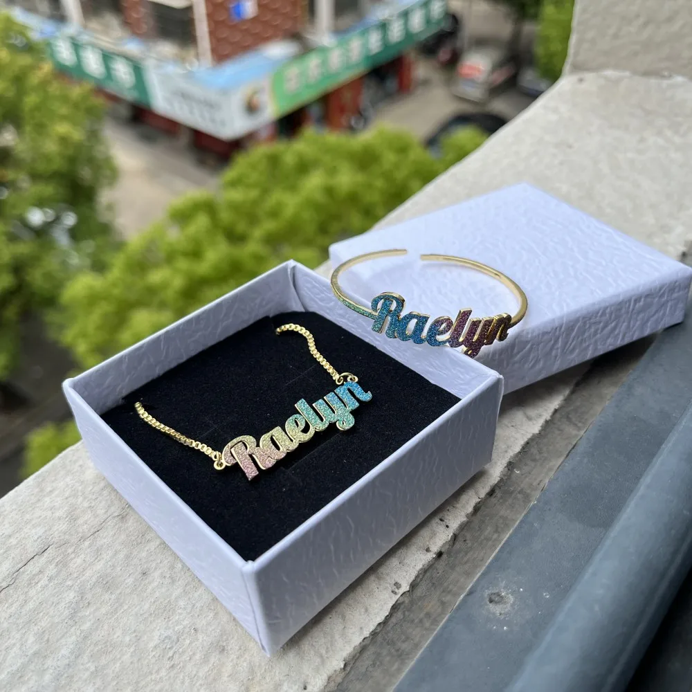 Duoying Custom Name Necklace Colorful Dainty Glitz Glam Nameplate Bangles Cuff Stainless Steel Gold Jewelry Set For Kids S515F75A8B8894Fd8B499844957A866Fdy