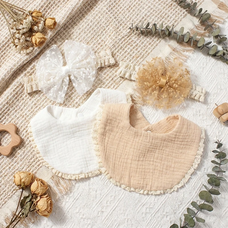  여자아이 리본 헤어밴드 턱받이 세트 사진 소품   침 흘리기 방지 턱받이 반다나 스카프