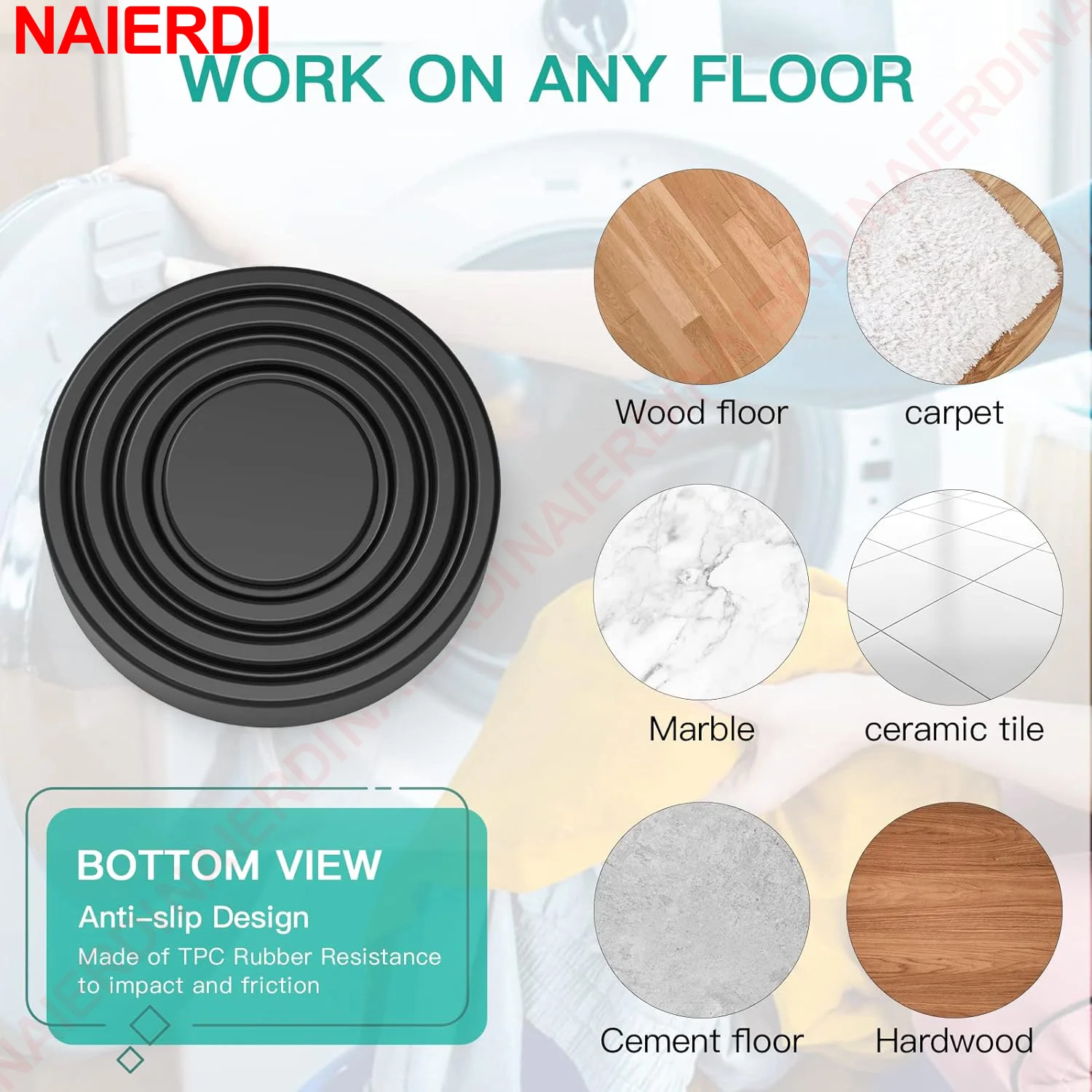 NAIERDI 4 Pack Washing Machine Base Foot Pads,Anti Vibration Pads,Non Slip Heighten Shock Noise Cancelling Washing Machine Mat