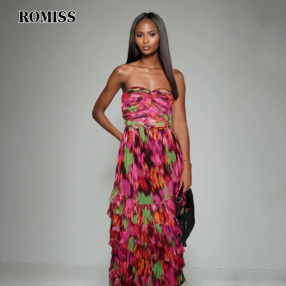 

ROMISS Colorblock Printing Spliced Folds Dresses For Women Strapless Sleeveless High Waist Temperament Dress Female New