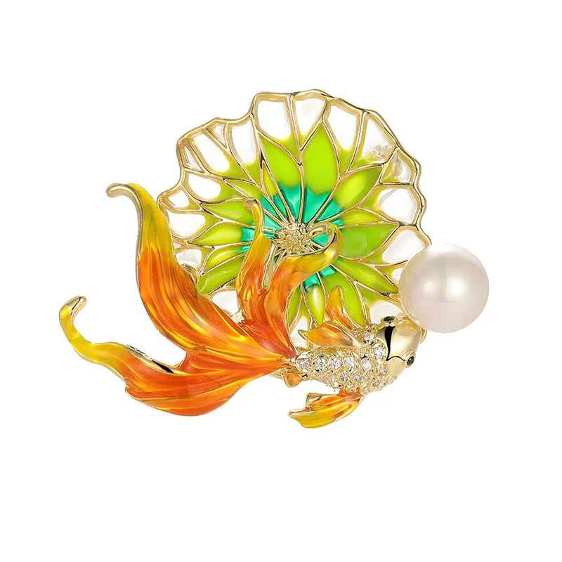 High-end Ethnic Enamel Pin and Brooch for Woman Delicate Luxury Temperament Goldfish Lotus Leaf Shell Pearl Corsage Pins Corsage