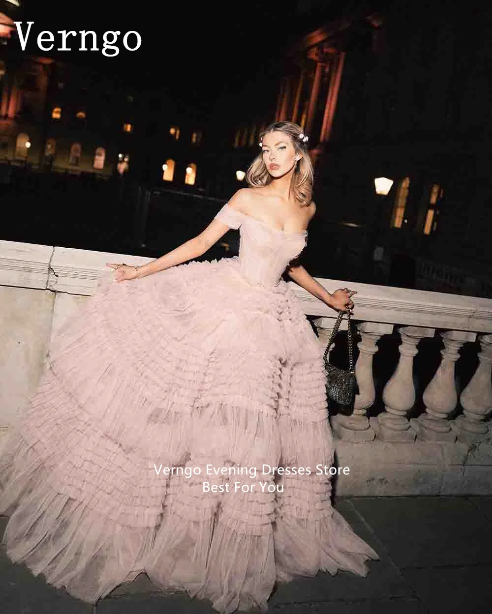 

Verngo Pink Tulle Prom Gowns Sweetheart A Line Formal Occasion Dress For Women Simple Tiered Evening Dress Party Dress