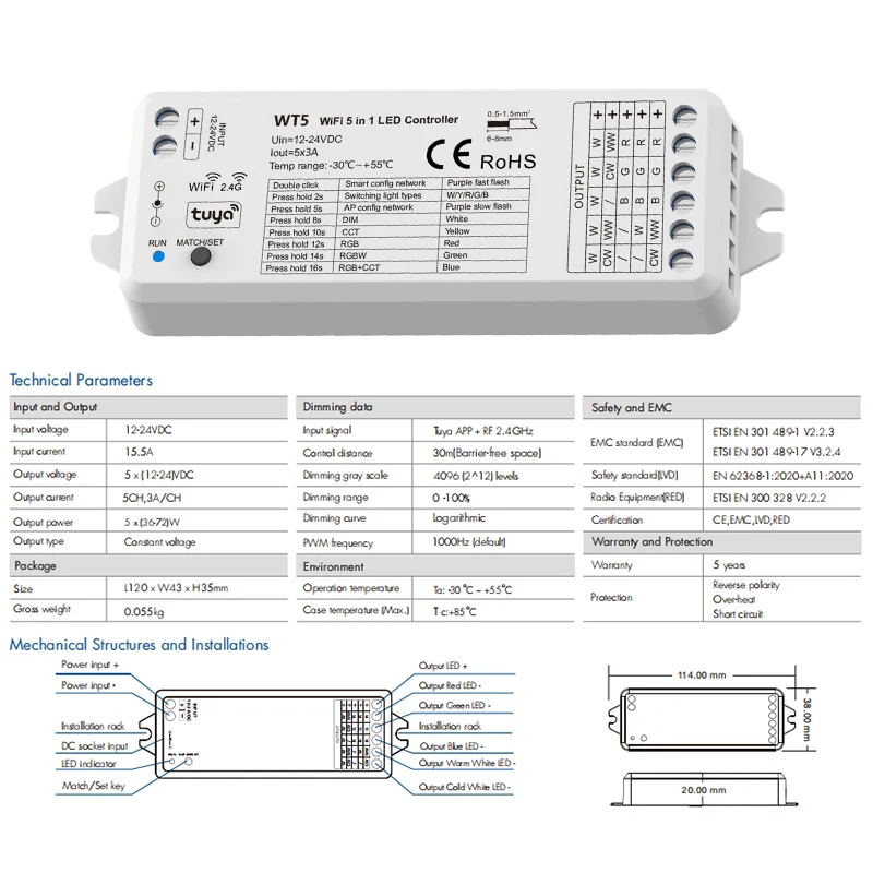 Solight WM57 - Bande LED RGB à intensité variable LED/20W/230V 5m IP65 Tuya  + Télécommande