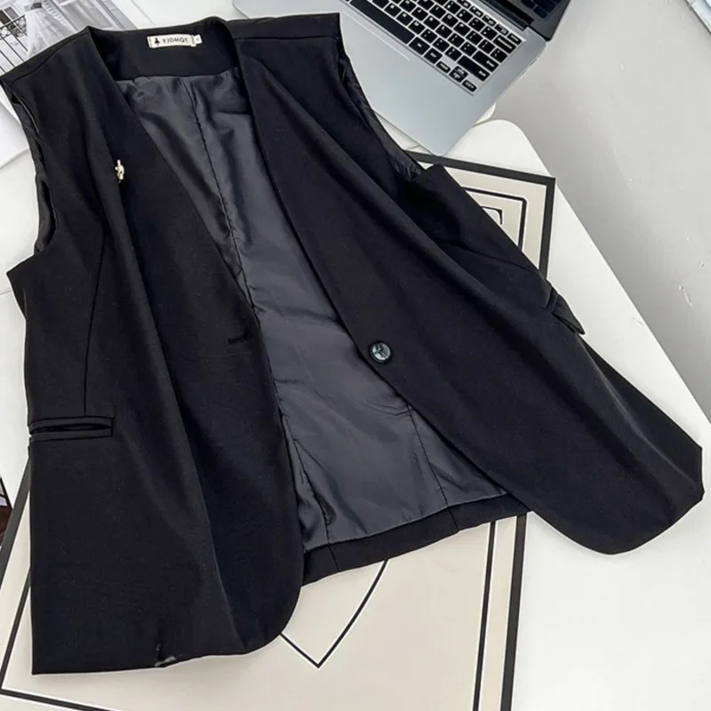V-Neck Sleeveless Jacket for Women, Casual Clothing, Black Vest, Curve Outwear, Plus Size, Autumn, 8818