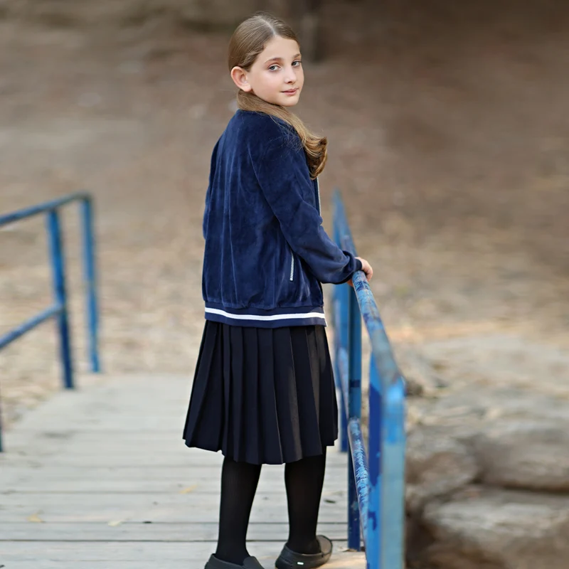 Children sweater 5t-16t blue velvet jacket school outfit front opening zipper clothes boy and girls sweatshirt both side pocket 3