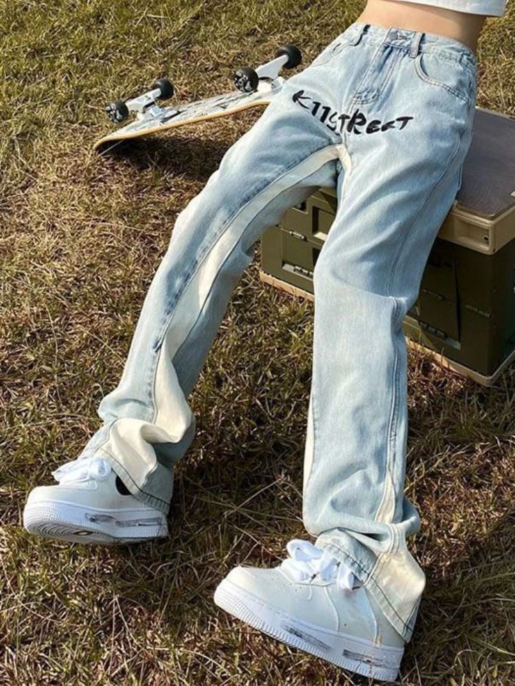 

Men's Jeans Flared Bootcut Letter Trousers Hip Hop Man Cowboy Pants Light Blue Y2k Streetwear Spring Autumn Stacked Classic Kpop