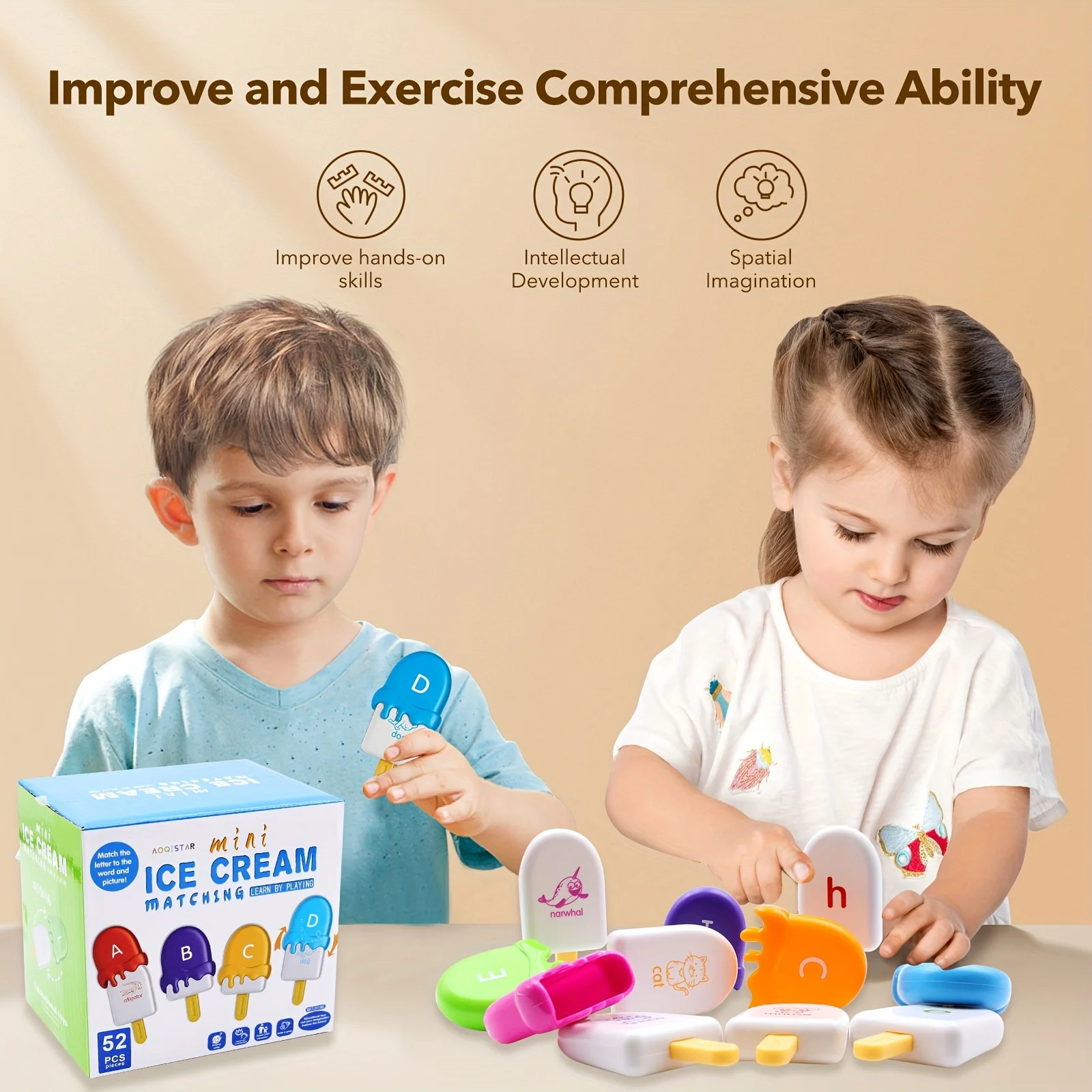 Juego De Emparejar Letras Con Forma De Helado | Juguete Educativo Para Aprender Palabras Y Colores, Material ABS Seguro