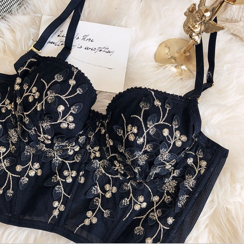 Three-Dimensional Embroidered Bra Sexy Lace Fish Bone Corset Widened Breasted With Steel Ring 2/1 Half Cup Bralette Underwear