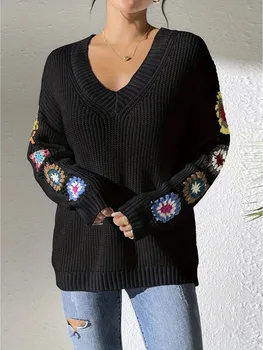 Elegant Solid Color Sweater With Embroidery Design, Unique Cuff Detail, Suitable For All Occasions 1