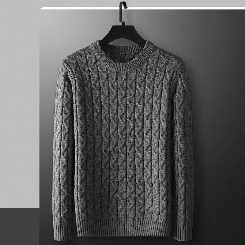 Spring and Autumn 2023 Men's round neck pullover solid Fried Dough Twists thread casual elegant commuting long sleeved sweater